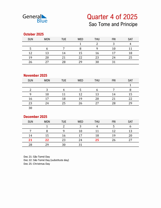 Printable Three Month Calendar with Sao Tome and Principe Holidays
