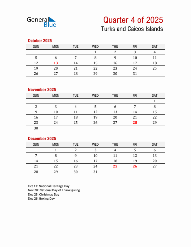 Printable Three Month Calendar with Turks and Caicos Islands Holidays