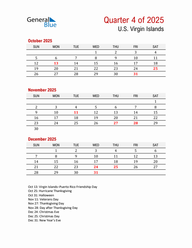 Printable Three Month Calendar with U.S. Virgin Islands Holidays