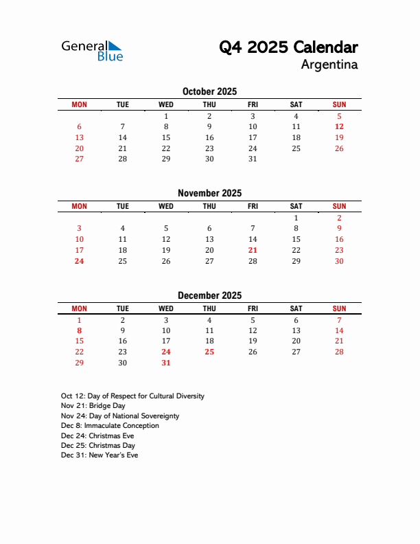 2025 Q4 Calendar with Holidays List for Argentina