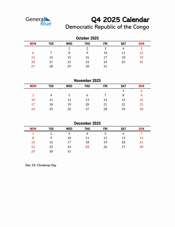 2025 Q4 Calendar with Holidays List for Democratic Republic of the Congo