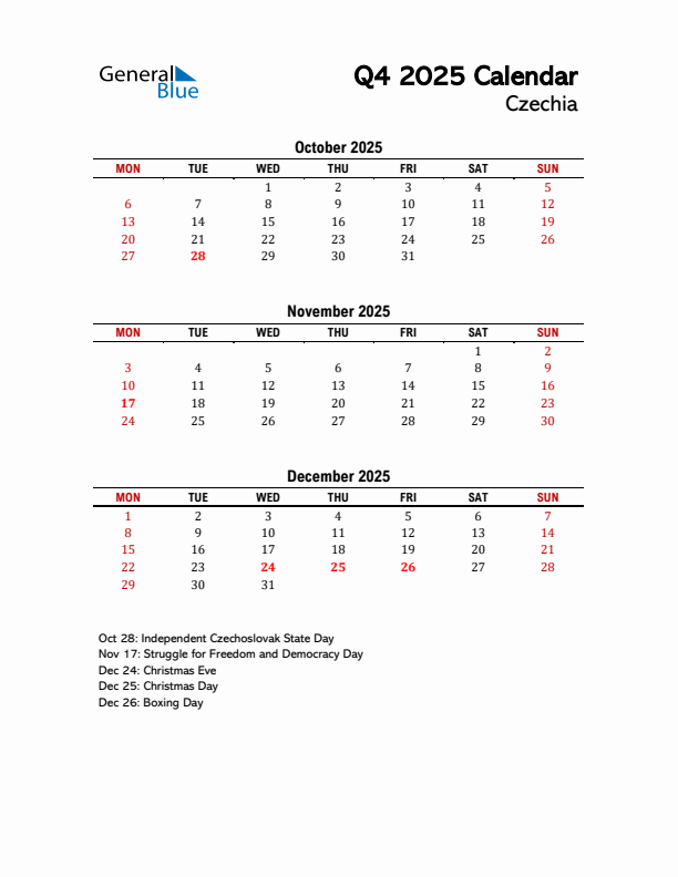 2025 Q4 Calendar with Holidays List for Czechia