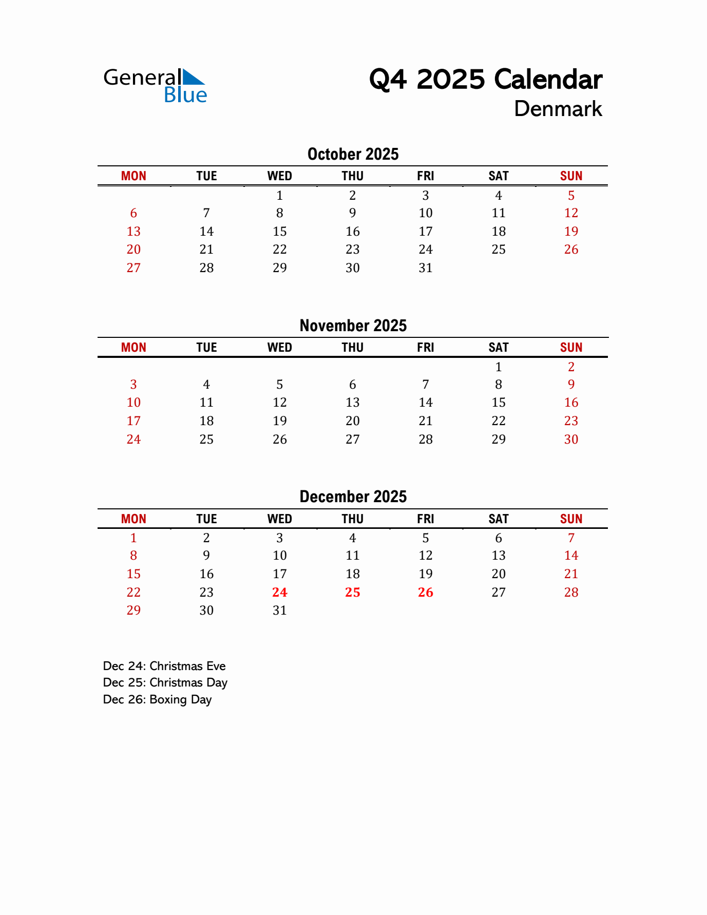 2025 Q4 Calendar with Holidays List for Denmark