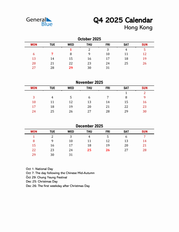 2025 Q4 Calendar with Holidays List for Hong Kong