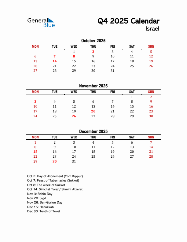 2025 Q4 Calendar with Holidays List for Israel