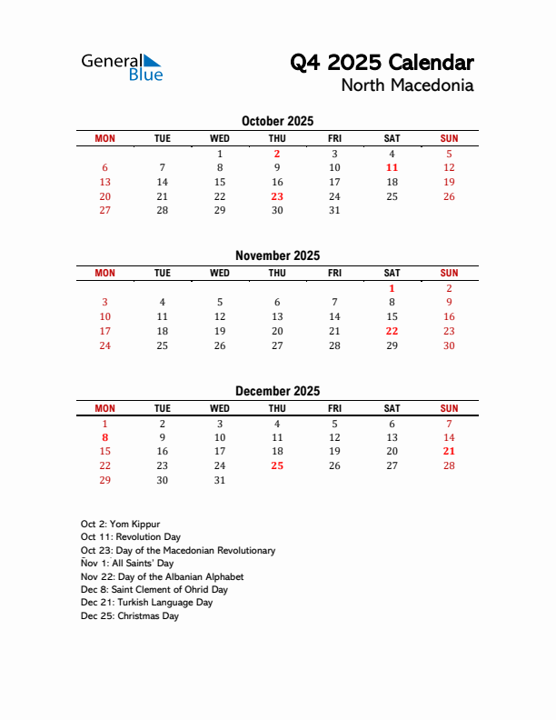 2025 Q4 Calendar with Holidays List for North Macedonia