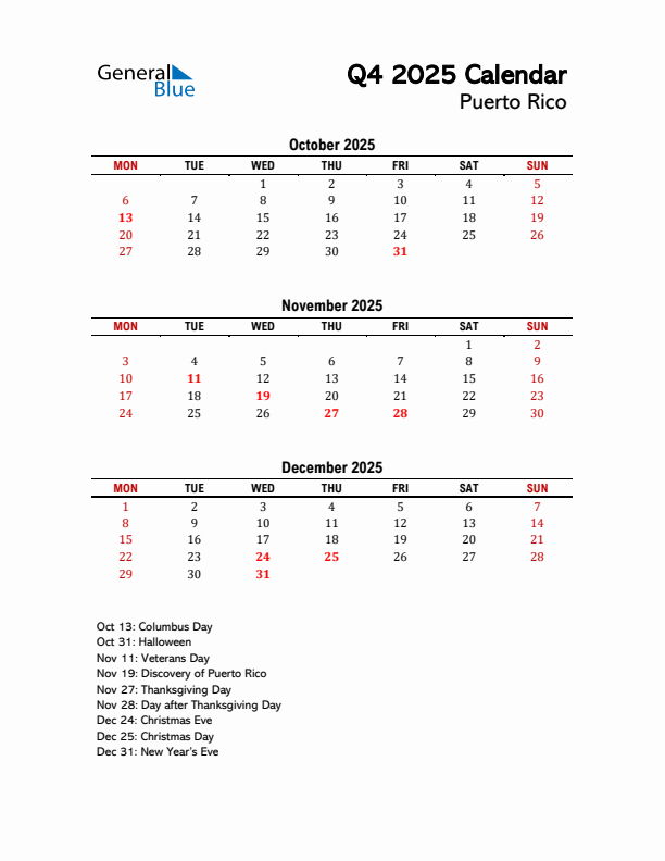 2025 Q4 Calendar with Holidays List for Puerto Rico