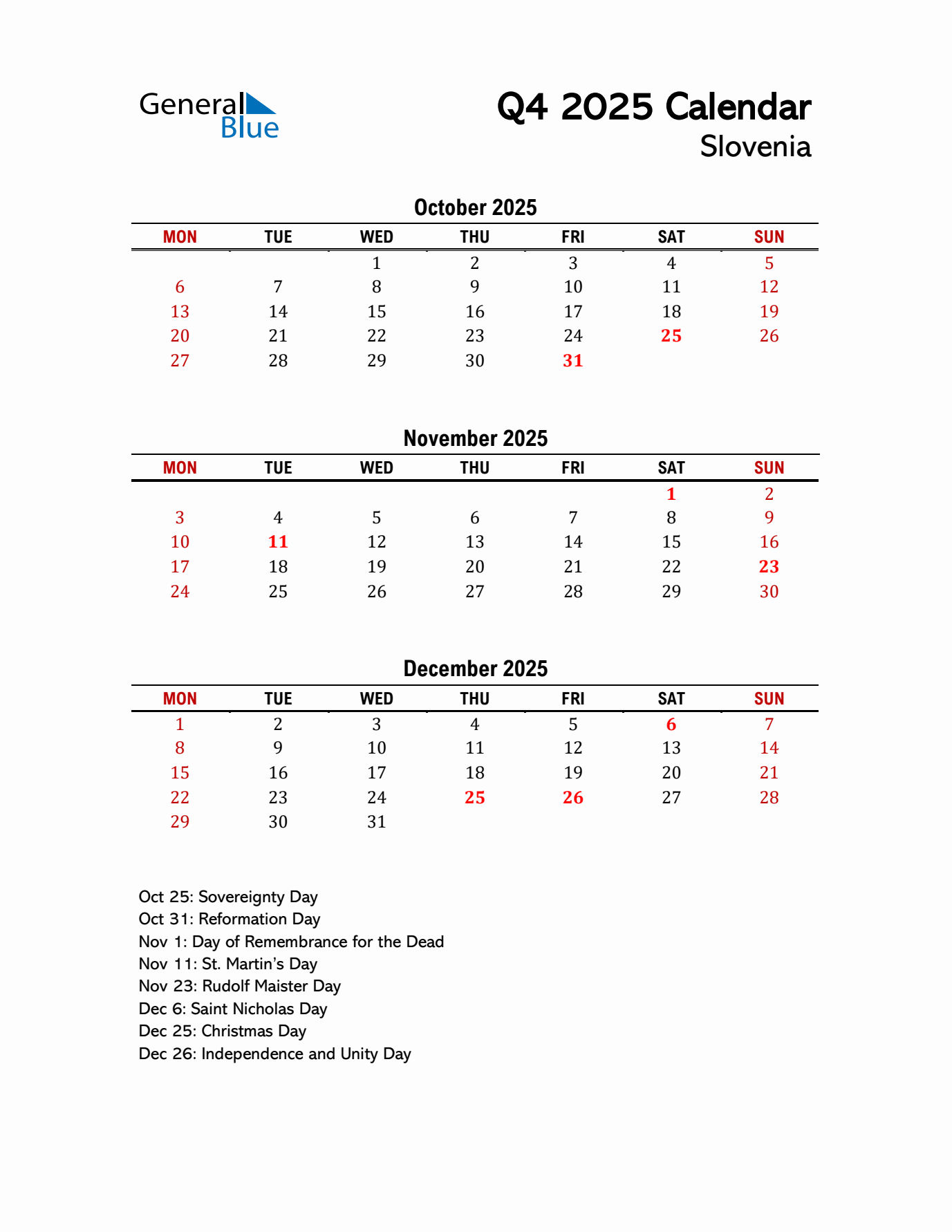 2025 Q4 Calendar with Holidays List for Slovenia