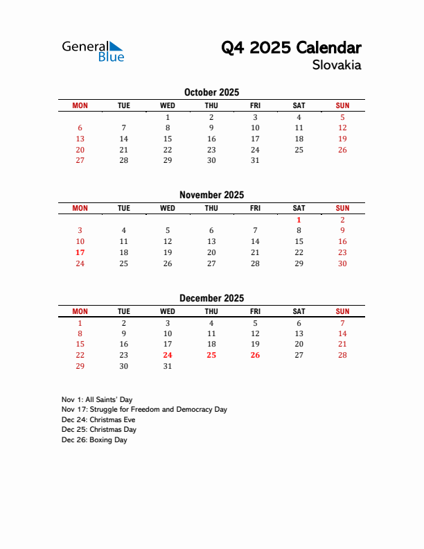 2025 Q4 Calendar with Holidays List for Slovakia