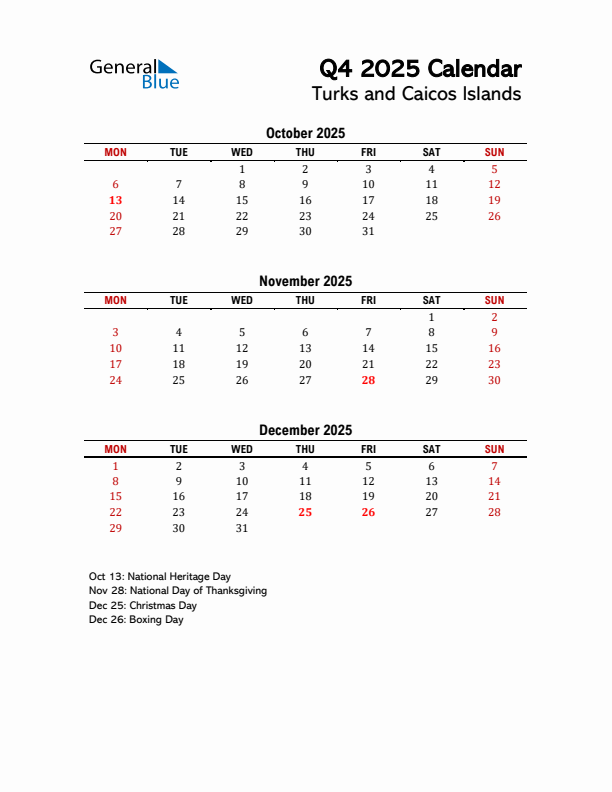 2025 Q4 Calendar with Holidays List for Turks and Caicos Islands