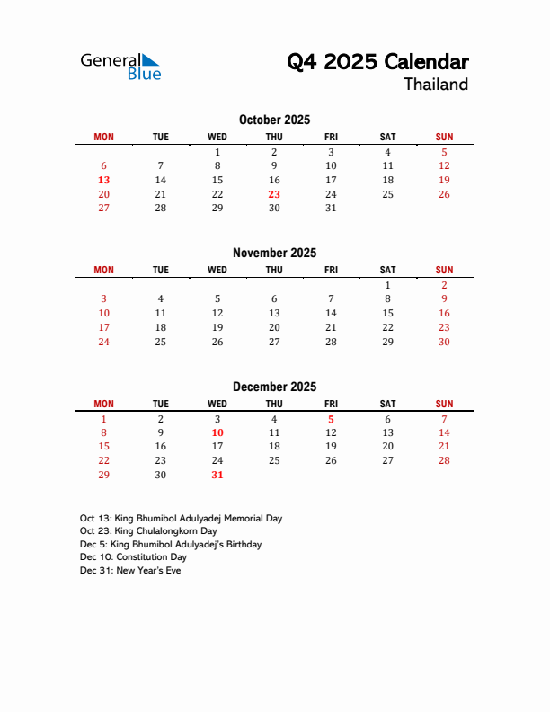 2025 Q4 Calendar with Holidays List for Thailand