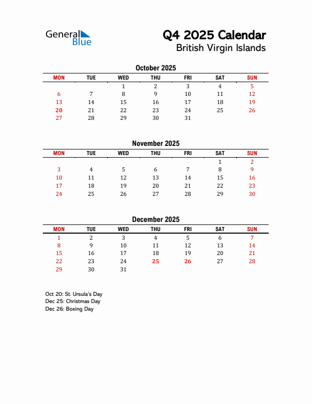 2025 Q4 Calendar with Holidays List for British Virgin Islands