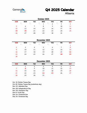 Albania Quarter 4  2025 calendar template