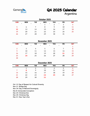 Argentina Quarter 4  2025 calendar template