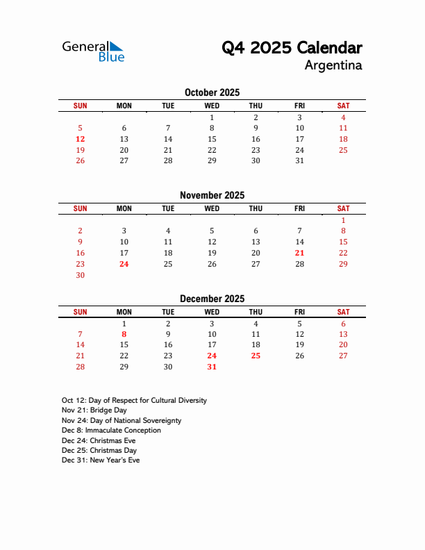 2025 Q4 Calendar with Holidays List for Argentina
