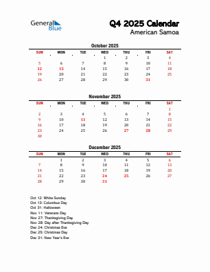 American Samoa Quarter 4  2025 calendar template