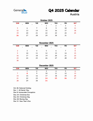 Austria Quarter 4  2025 calendar template