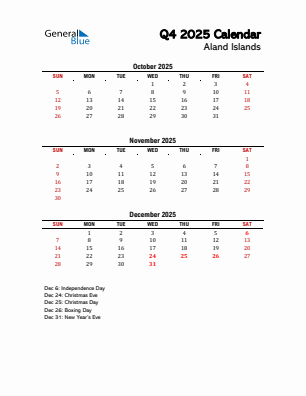 Aland Islands Quarter 4  2025 calendar template