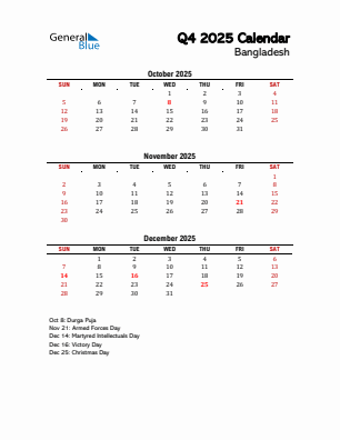 Bangladesh Quarter 4  2025 calendar template