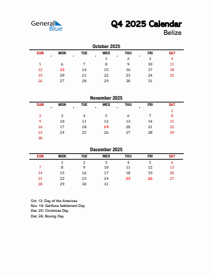 Belize Quarter 4 2025 calendar template