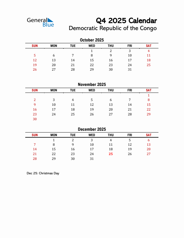 2025 Q4 Calendar with Holidays List for Democratic Republic of the Congo