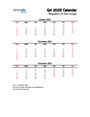Republic of the Congo Quarter 4  2025 calendar template