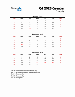 Czechia Quarter 4  2025 calendar template