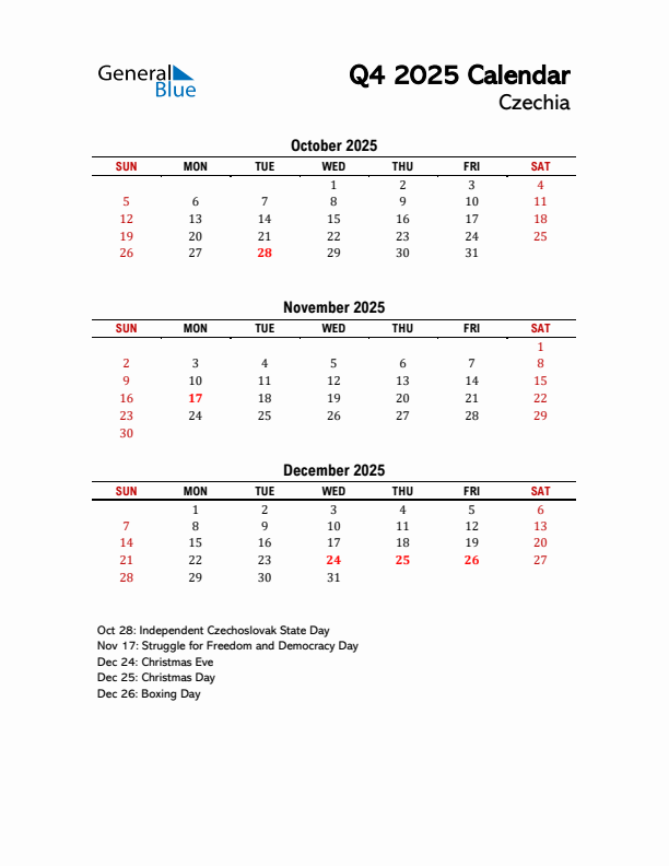 2025 Q4 Calendar with Holidays List for Czechia