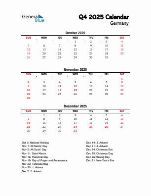Germany Quarter 4  2025 calendar template