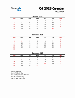 Ecuador Quarter 4  2025 calendar template