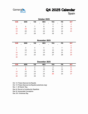 Spain Quarter 4 2025 calendar template