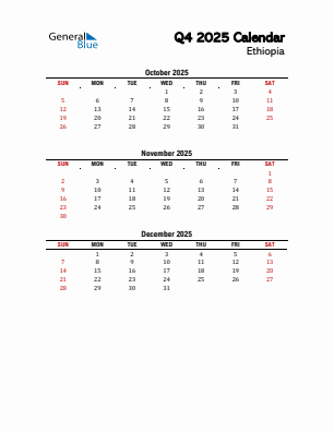 Ethiopia Quarter 4 2025 calendar template