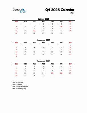 Fiji Quarter 4  2025 calendar template