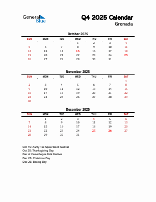 Grenada Quarter 4 2025 calendar template