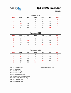Guam Quarter 4 2025 calendar template