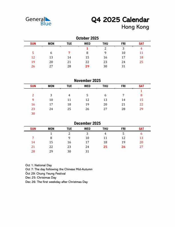 2025 Q4 Calendar with Holidays List for Hong Kong