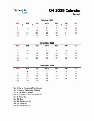 Israel Quarter 4  2025 calendar template