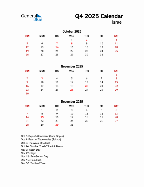2025 Q4 Calendar with Holidays List for Israel