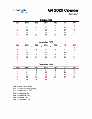 Iceland Quarter 4  2025 calendar template