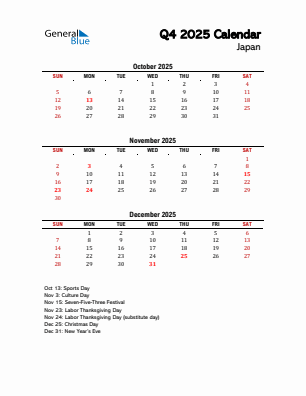 Japan Quarter 4 2025 calendar template