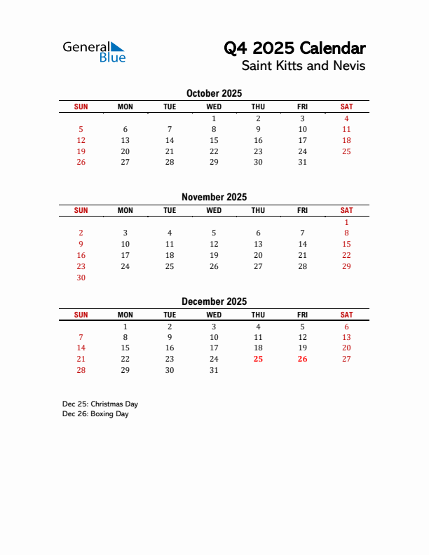 2025 Q4 Calendar with Holidays List for Saint Kitts and Nevis