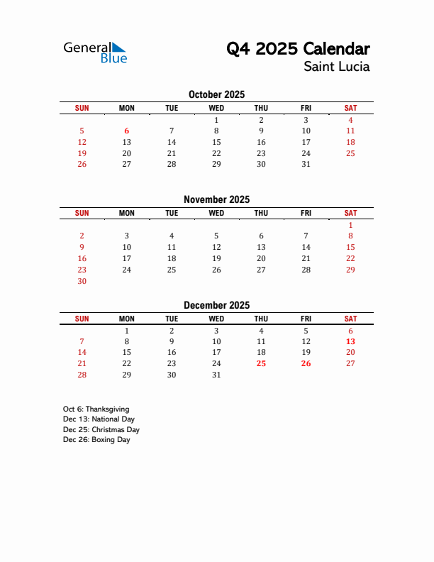 2025 Q4 Calendar with Holidays List for Saint Lucia