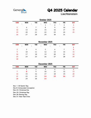 Liechtenstein Quarter 4 2025 calendar template