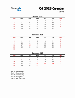 Latvia Quarter 4 2025 calendar template