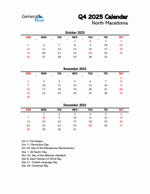 North Macedonia Quarter 4  2025 calendar template