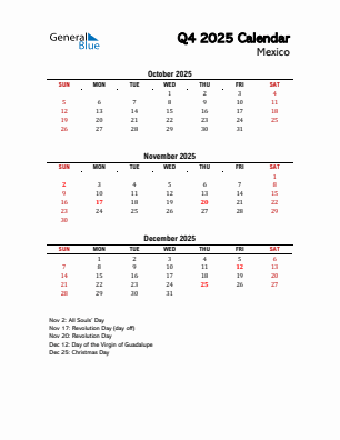 Mexico Quarter 4 2025 calendar template