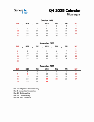Nicaragua Quarter 4 2025 calendar template