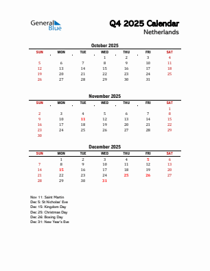 The Netherlands Quarter 4 2025 calendar template