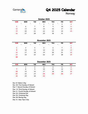 Norway Quarter 4 2025 calendar template