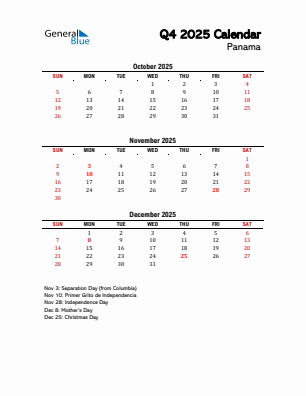 Panama Quarter 4 2025 calendar template